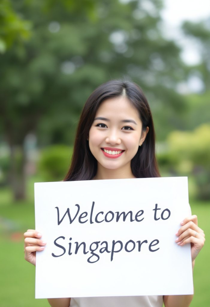 Singaporean female at park holding a sign that says "Welcome to Singapore". Her face is visible and pretty. Singaporean female at park holding a sign that says "Welcome to Singapore". Her face is visible and pretty.